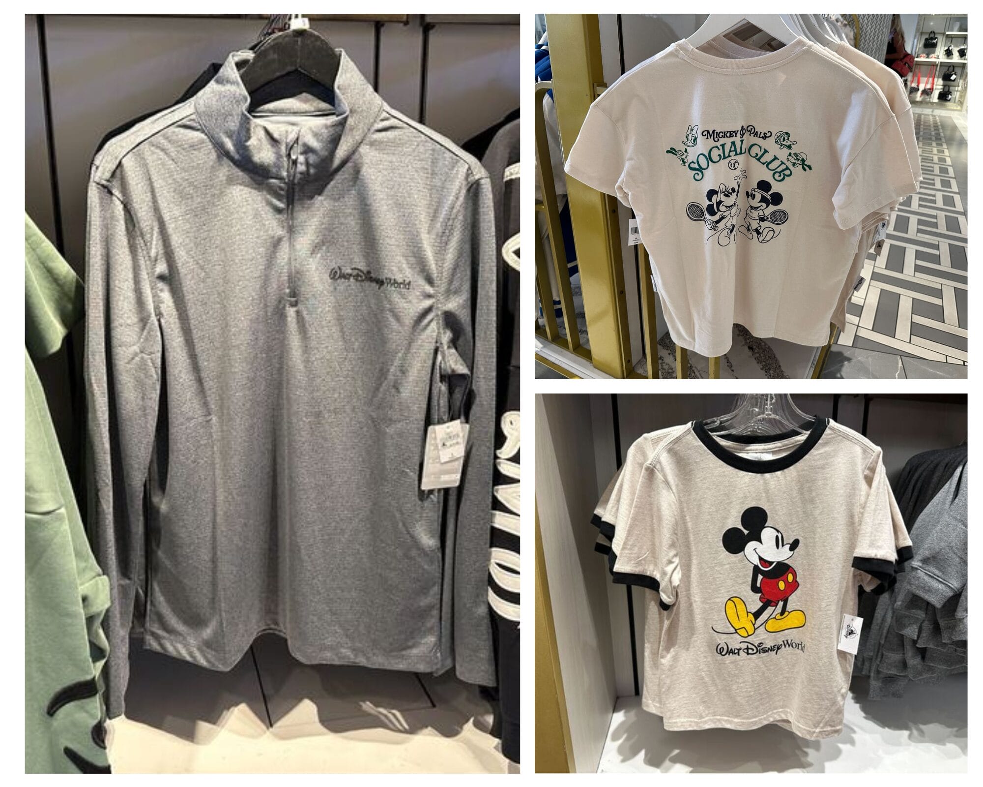 Three Disney shirts on display: cozy apparel from Walt Disney World, including a Mickey Mouse tee and a gray zip-up.