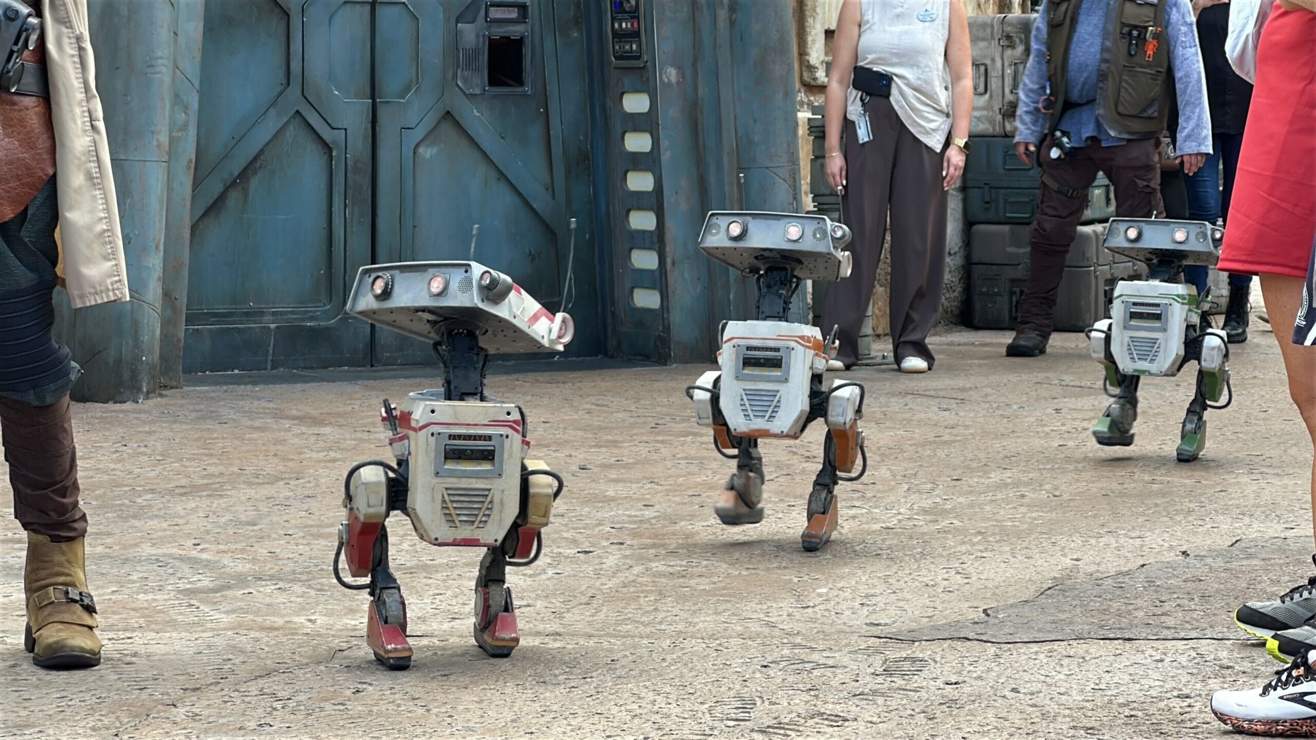 Three small, boxy bdx droids walk on a stone path at Hollywood Studios with people and a sci-fi building behind.