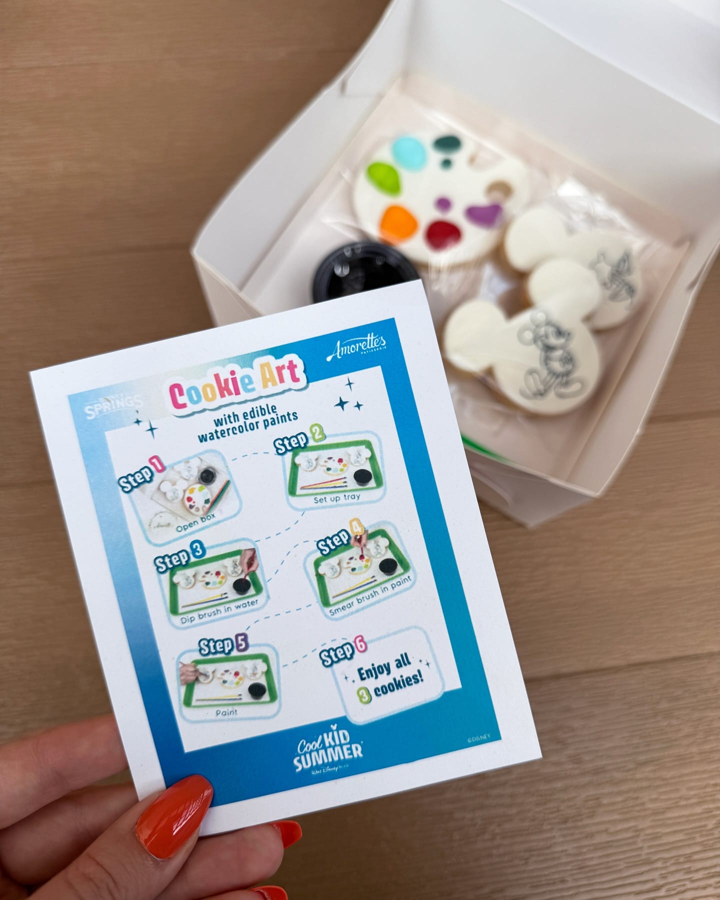 Hand holding a Paint-Your-Own Cookies card beside new cookies and a brush—perfect for Walt Disney World fans.