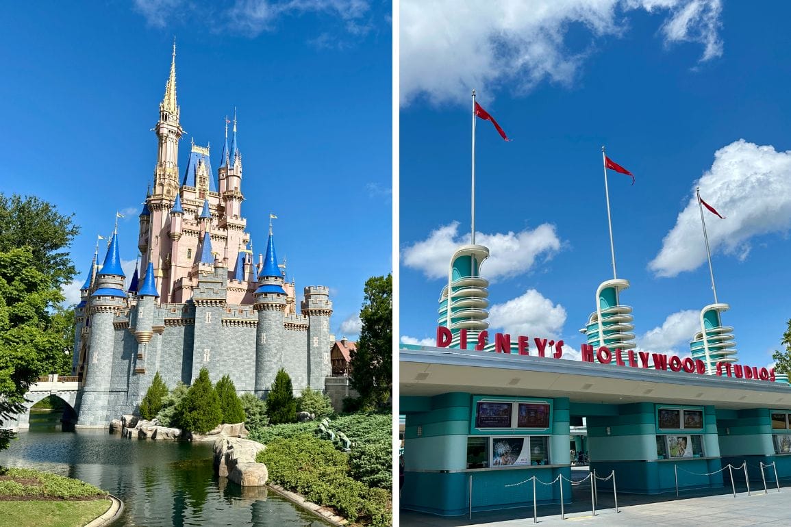 Left: Cinderella Castle in Magic Kingdom. Right: Entrance to Disney’s Hollywood Studios under a bright blue sky.