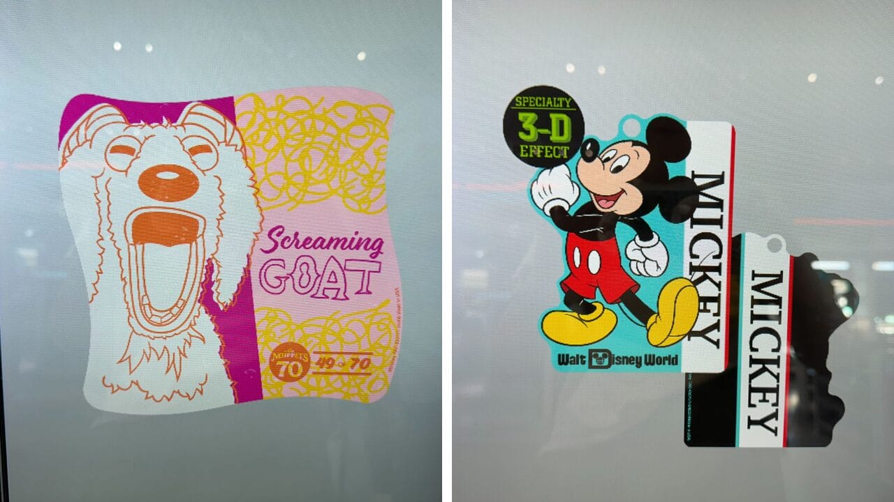 Left: An illustrated "Screaming Goat" sticker. Right: A Mickey Ornament sticker with 3D-effect and "Mickey" text.