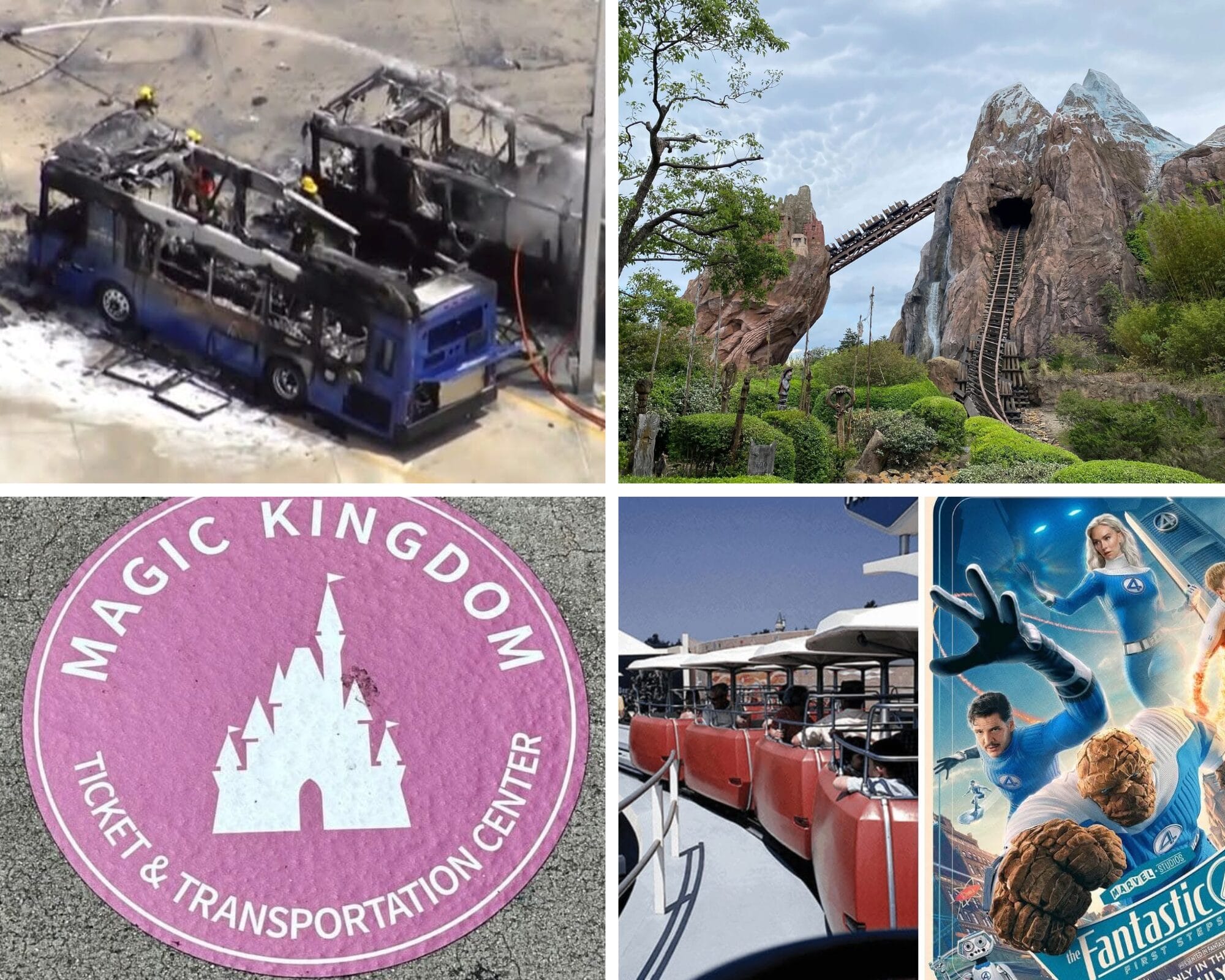 Daily Recap 7/25/25: A collage of Disney park scenes—bus fire, roller coaster, Magic Kingdom sign, tram, and Fantastic Four poster.