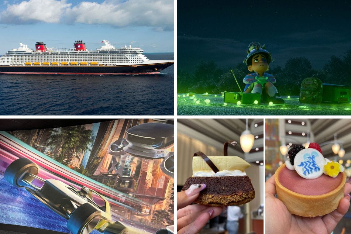 A Disney Cruise Line ship at sea, a girl in a glowing night scene, racing car mural, and hands holding desserts.