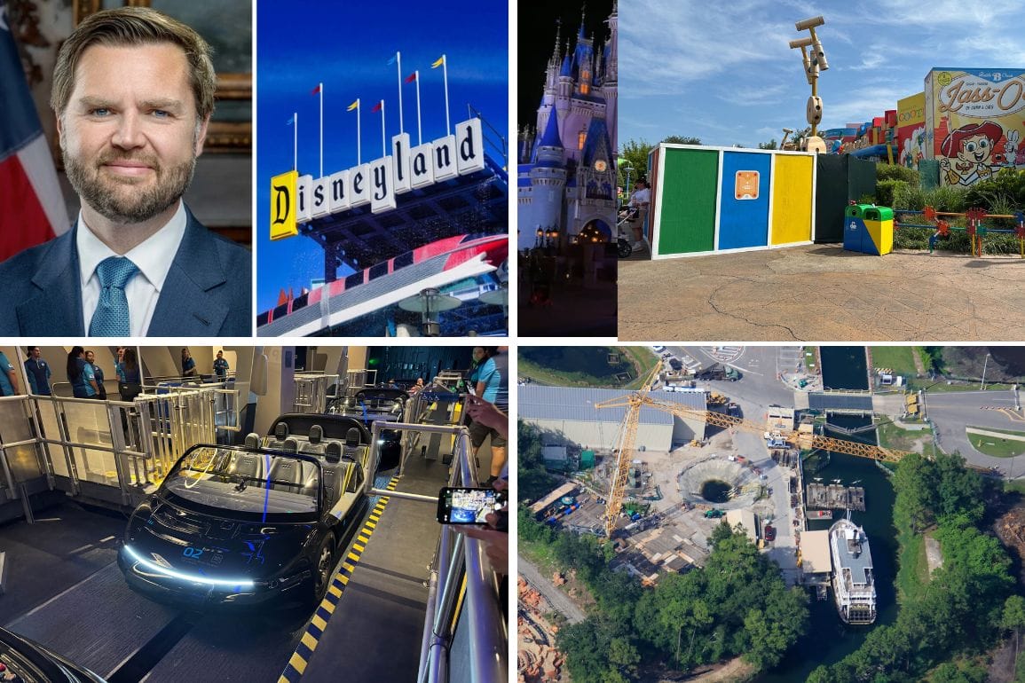 Collage with a man's portrait, Disneyland Resort signs, theme park rides, a car on track, and aerial view of construction.