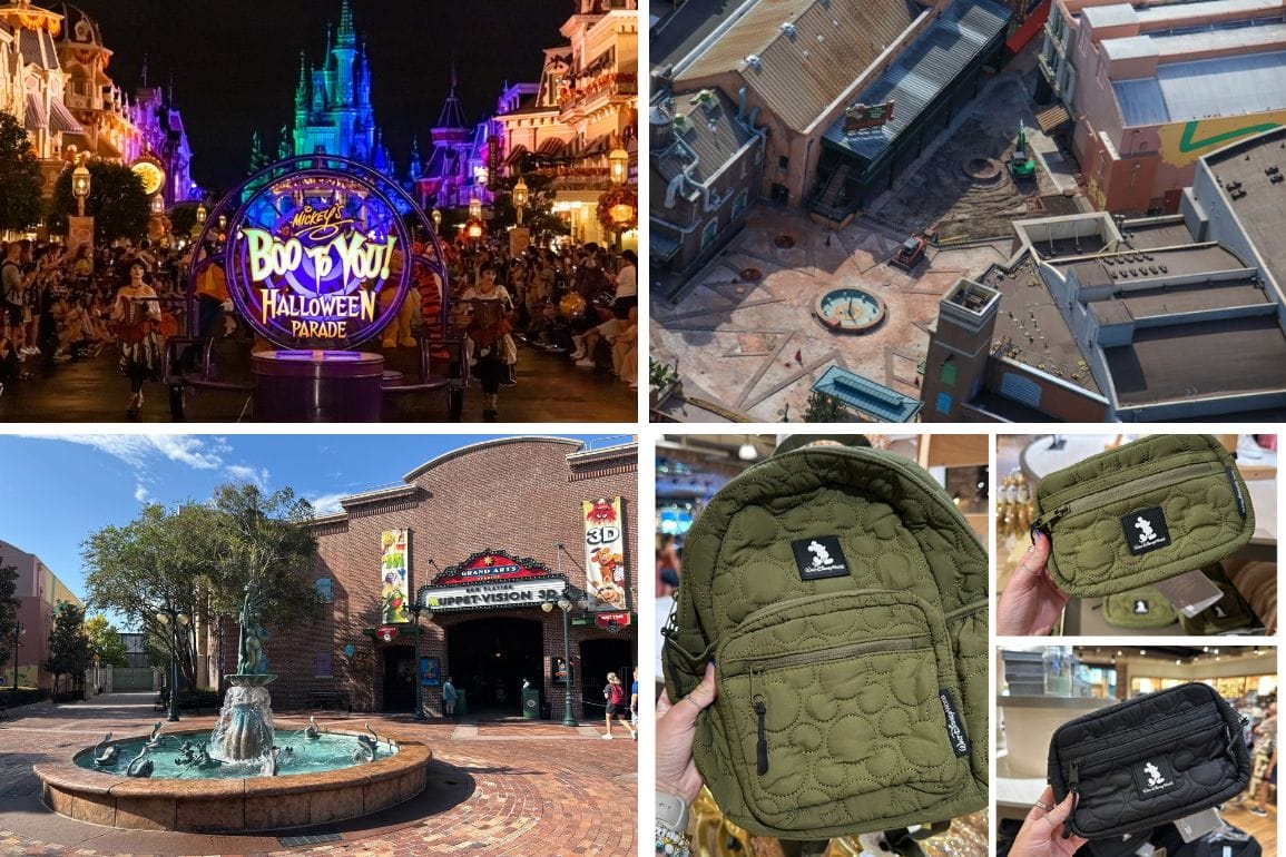 Collage of Mickey’s Not-So-Scary Halloween Party parade, aerial plaza views, and two green bags held in hands.