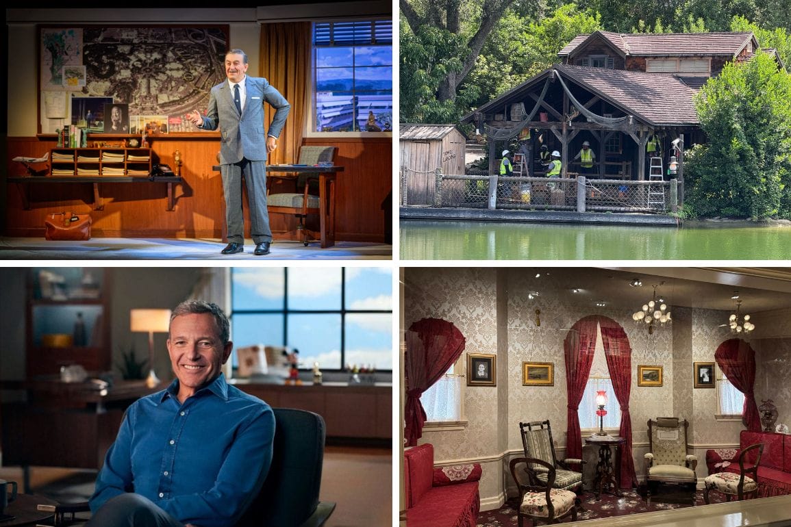 A collage of four images: a man onstage, a lakeside cabin, an office, and a vintage Disneyland living room.