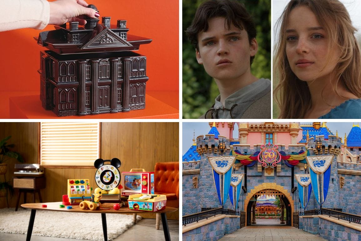 A collage with a Haunted Mansion Cookie Jar, two teens, vintage toys on a table, and Disneyland’s castle entrance.
