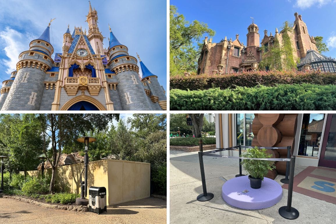 Collage of Disney landmarks: Cinderella Castle, Haunted Mansion, a potted plant on a platform, and Mr. Potato Head.