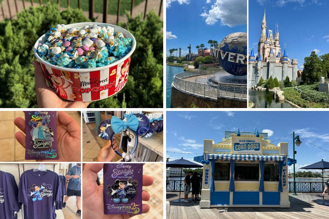 Collage of Disney World snacks, souvenirs, Cinderella Castle, Universal globe, and Disney Starlight Parade on a sunny day.