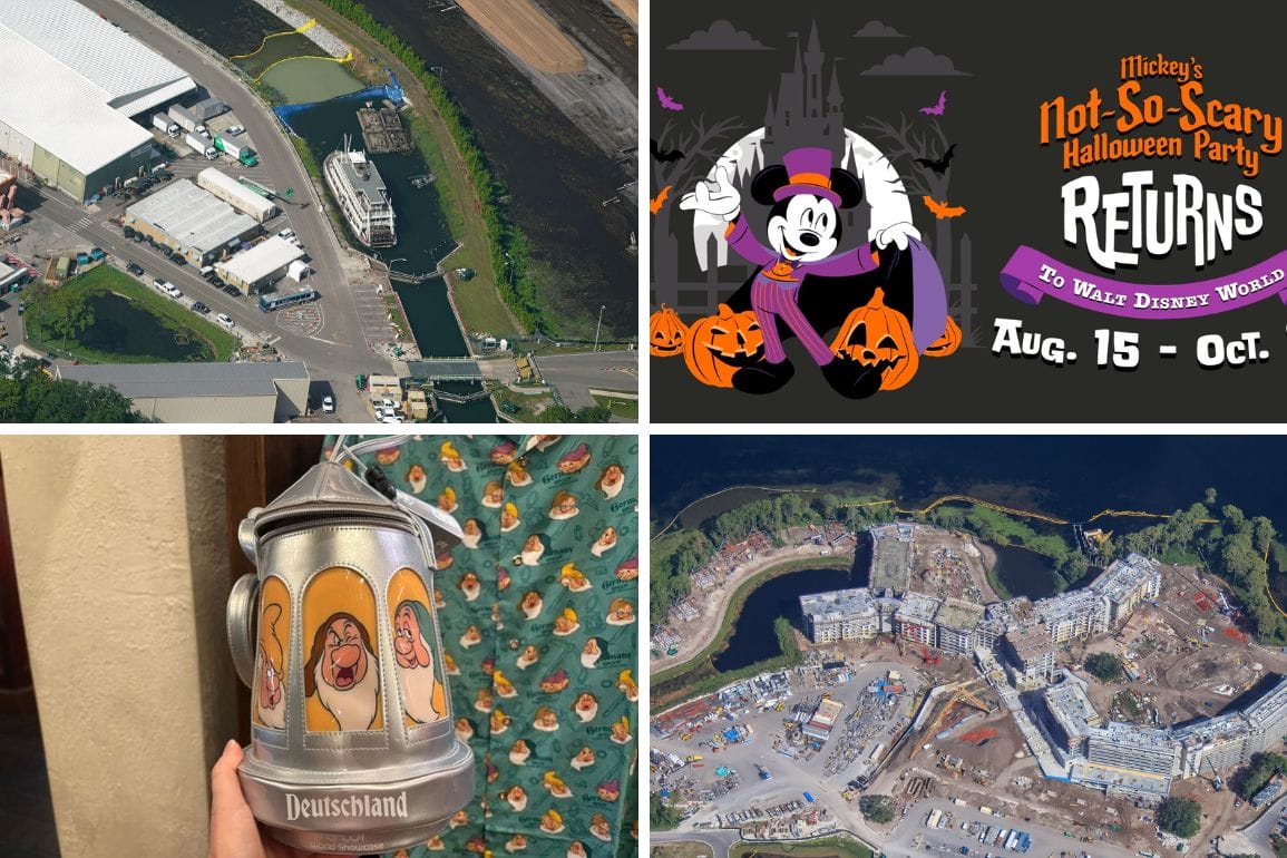 A Disney collage: aerial views, a Minnie Halloween poster, and the Liberty Square Riverboat in the vessel’s future.