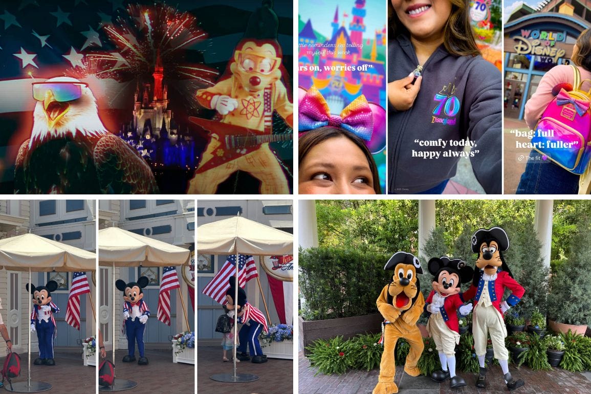 Collage of Disneyland images: fireworks, Mickey, Minnie ears, Disney merchandise, and Max as Powerline in patriotic costumes.