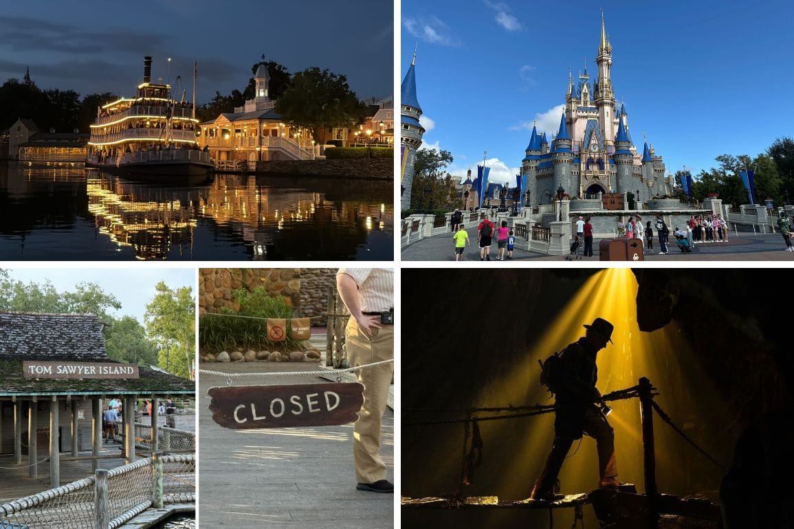 A collage of Disney park scenes: Liberty Square Riverboat, castle, Tom Sawyer Island, closed sign, and explorer in a cave.