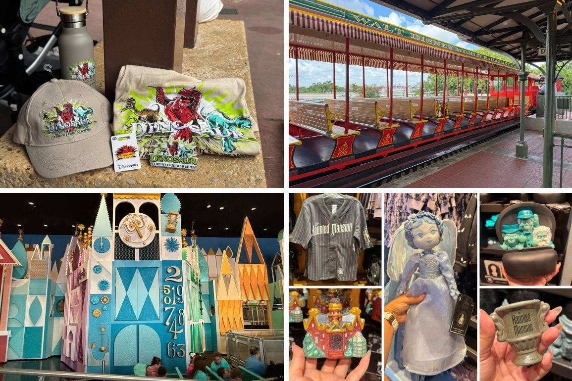 Collage of Disney park merchandise and attractions, featuring DINOSAUR Merchandise, hats, shirts, rides, and colorful displays.