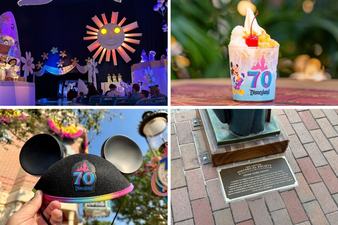 A daily recap collage features a ride, dessert, Mickey ears with a "70" logo, and a commemorative plaque at Disneyland.