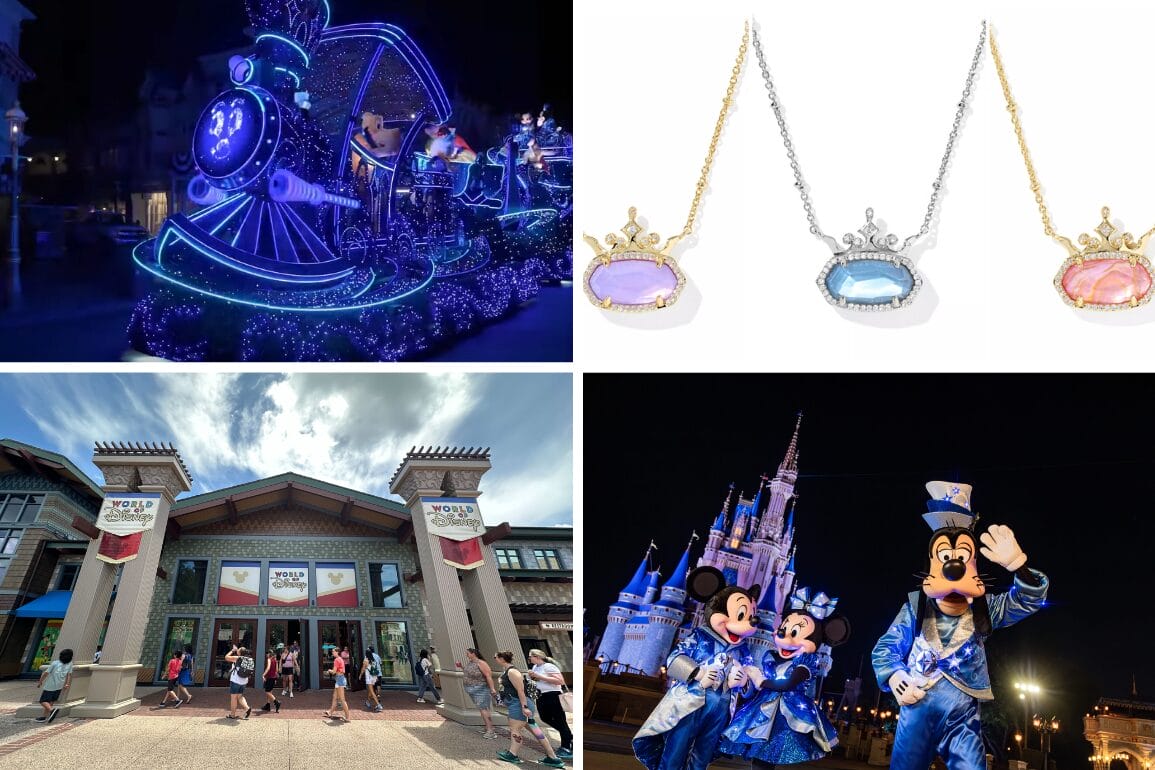 Collage: Disney parade float, princess necklaces, daily recap at the Disney store, and Mickey and Goofy by Cinderella Castle.