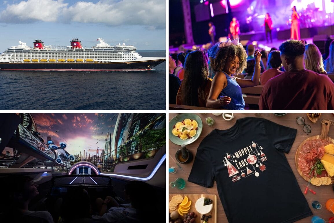 A daily recap: a cruise ship, a concert crowd, a sci-fi ride, and foodie-themed T-shirt with snacks on a table.