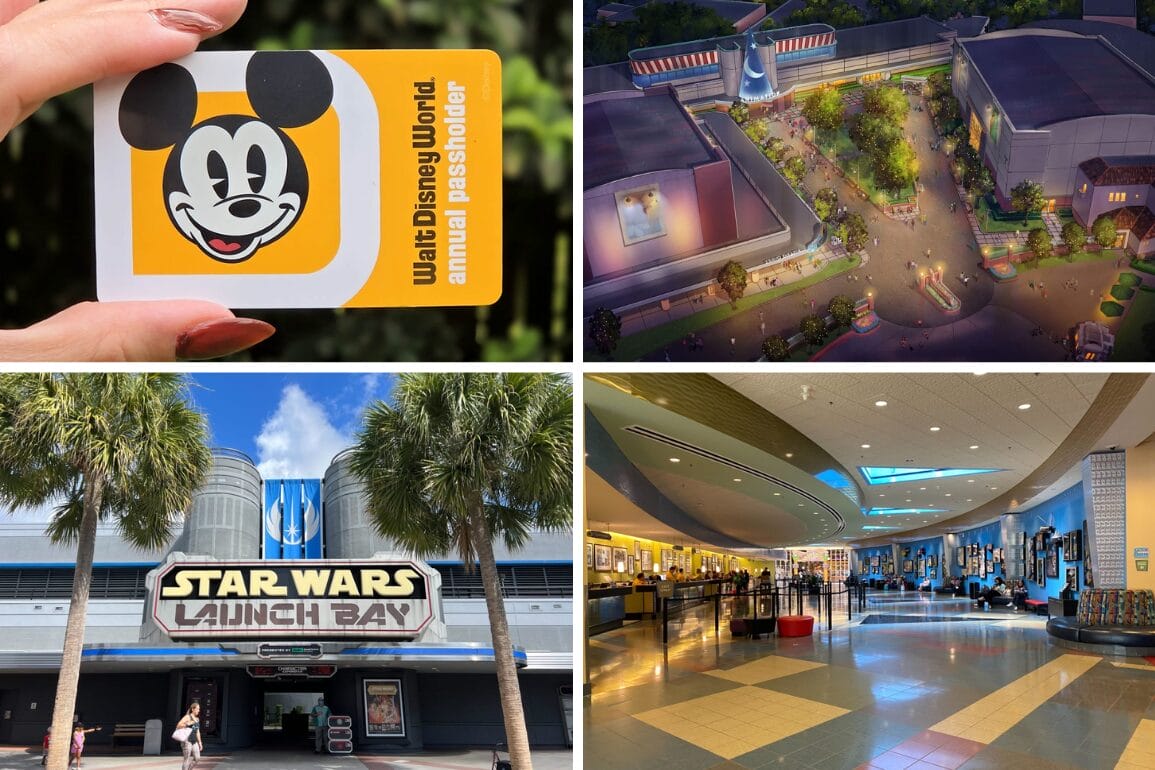 A hand holds a Disney pass; three views of Star Wars Launch Bay at Disney World in this daily recap.