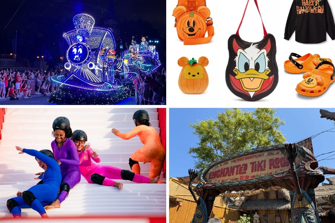 A daily recap collage shows a Disney parade, Halloween merchandise, costumed sliders, and the Enchanted Tiki Room sign.