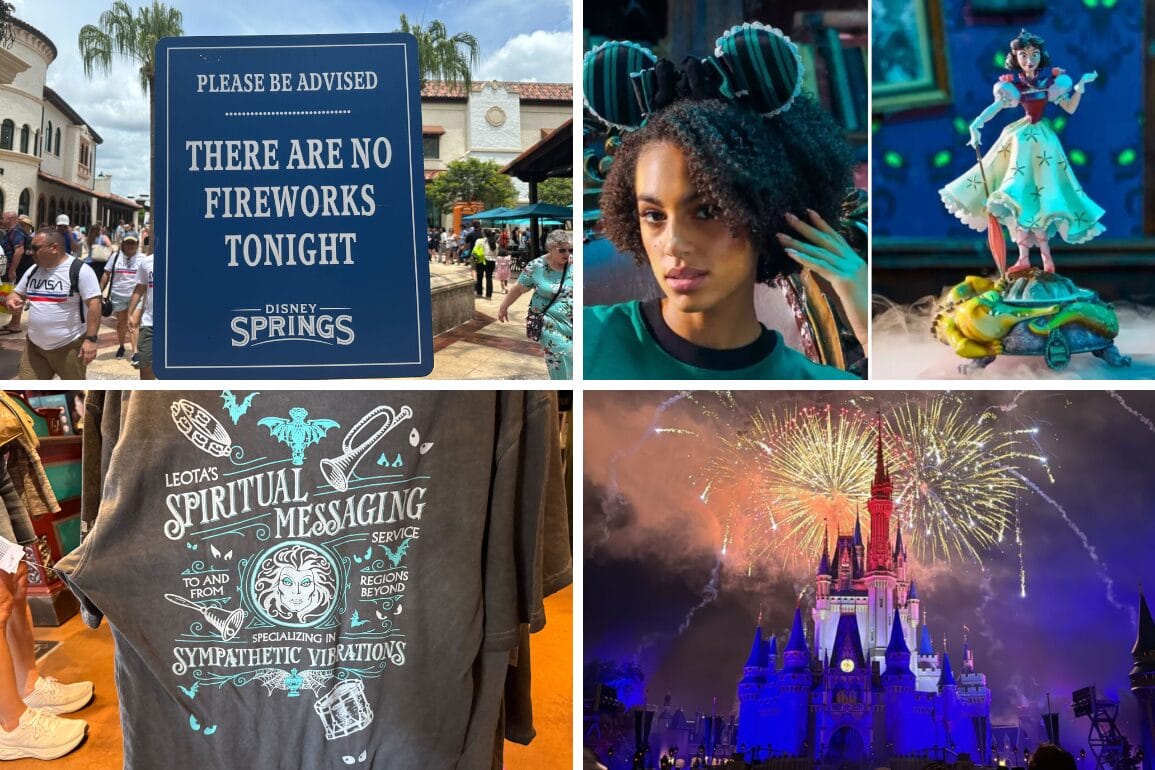 A daily recap collage of Disney Springs scenes, merchandise, characters, fireworks, and a "No Fireworks Tonight" sign.