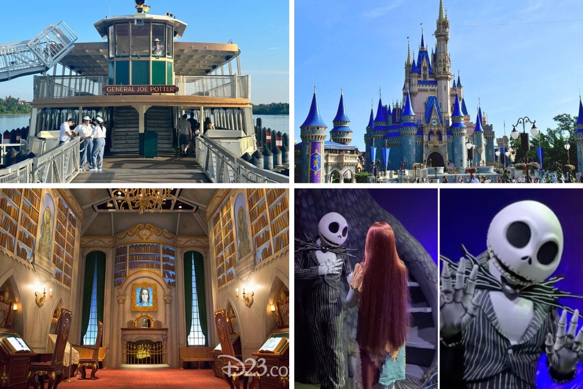 Daily recap collage: Disney World ferryboat, Cinderella Castle, library interior, and Jack Skellington with Sally.