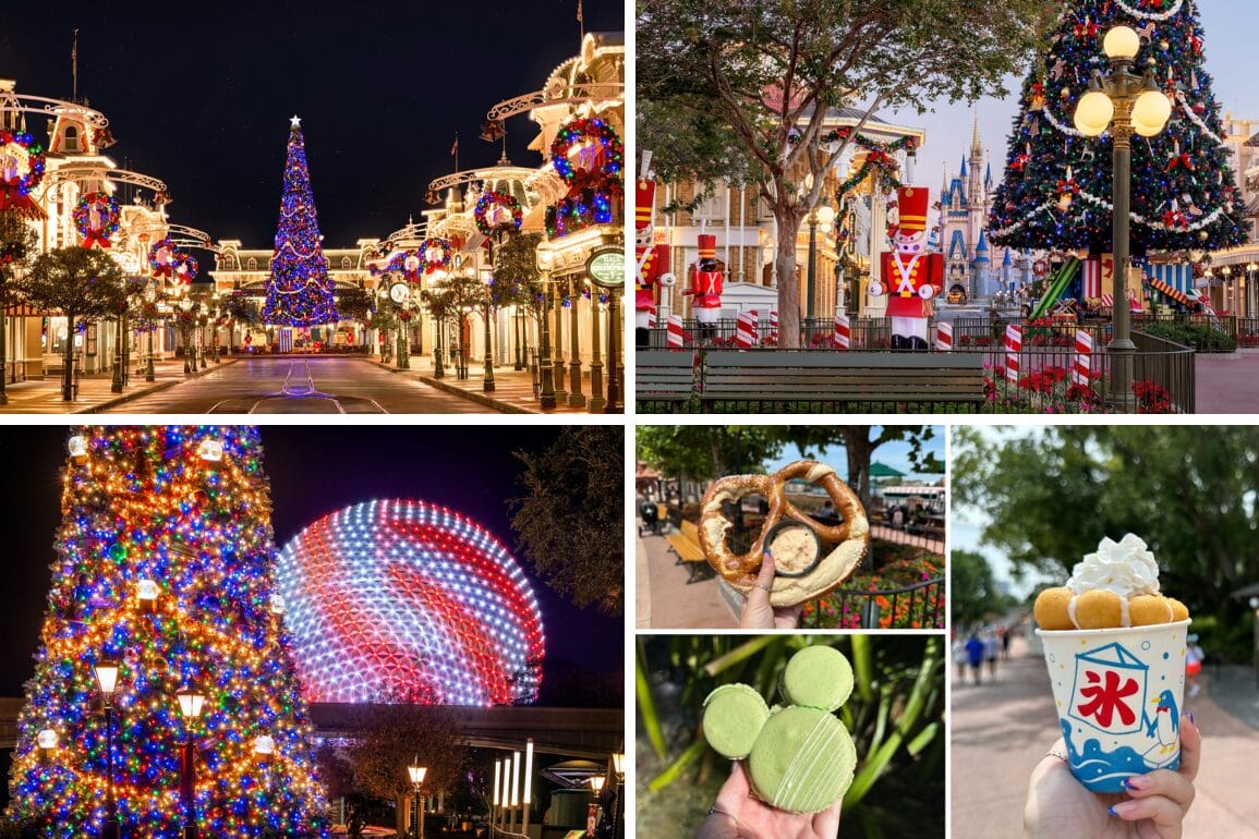 Collage of Disney World holiday scenes, perfect for a daily recap of Christmas trees, festive decor, and themed holiday treats.