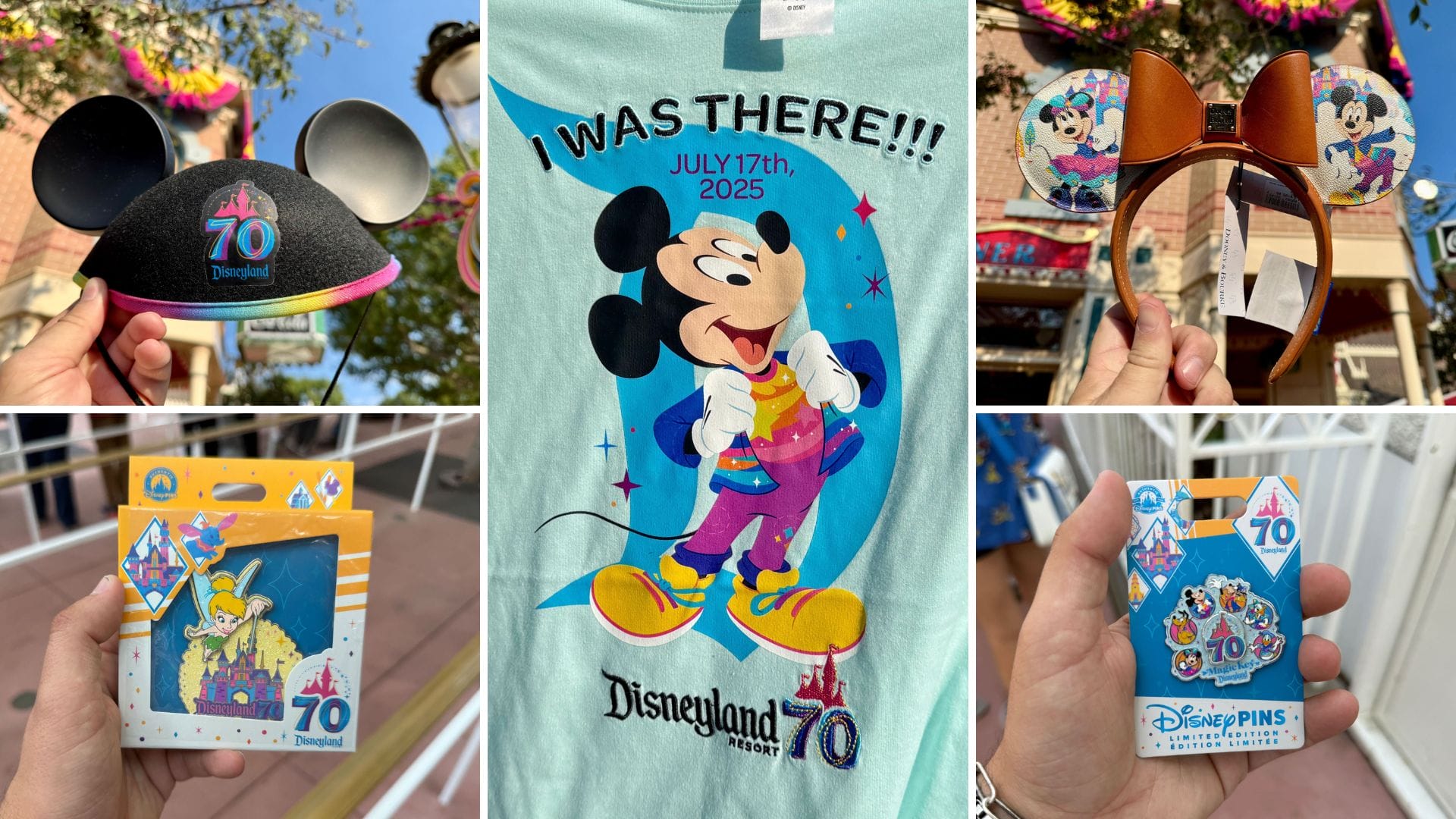 A collage of new merchandise for Disneyland 70th Anniversary, featuring Mickey ears, shirts, pins, and festive decorations.