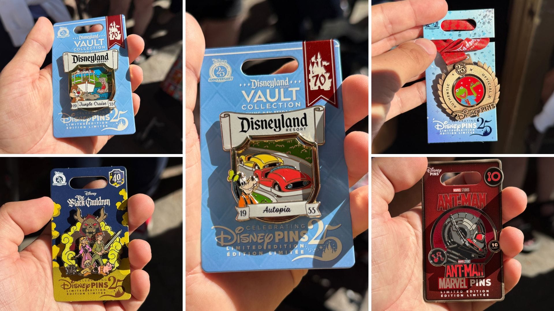 Five Disney collectible pins in packaging, each held in a hand, featuring various themed designs and logos.