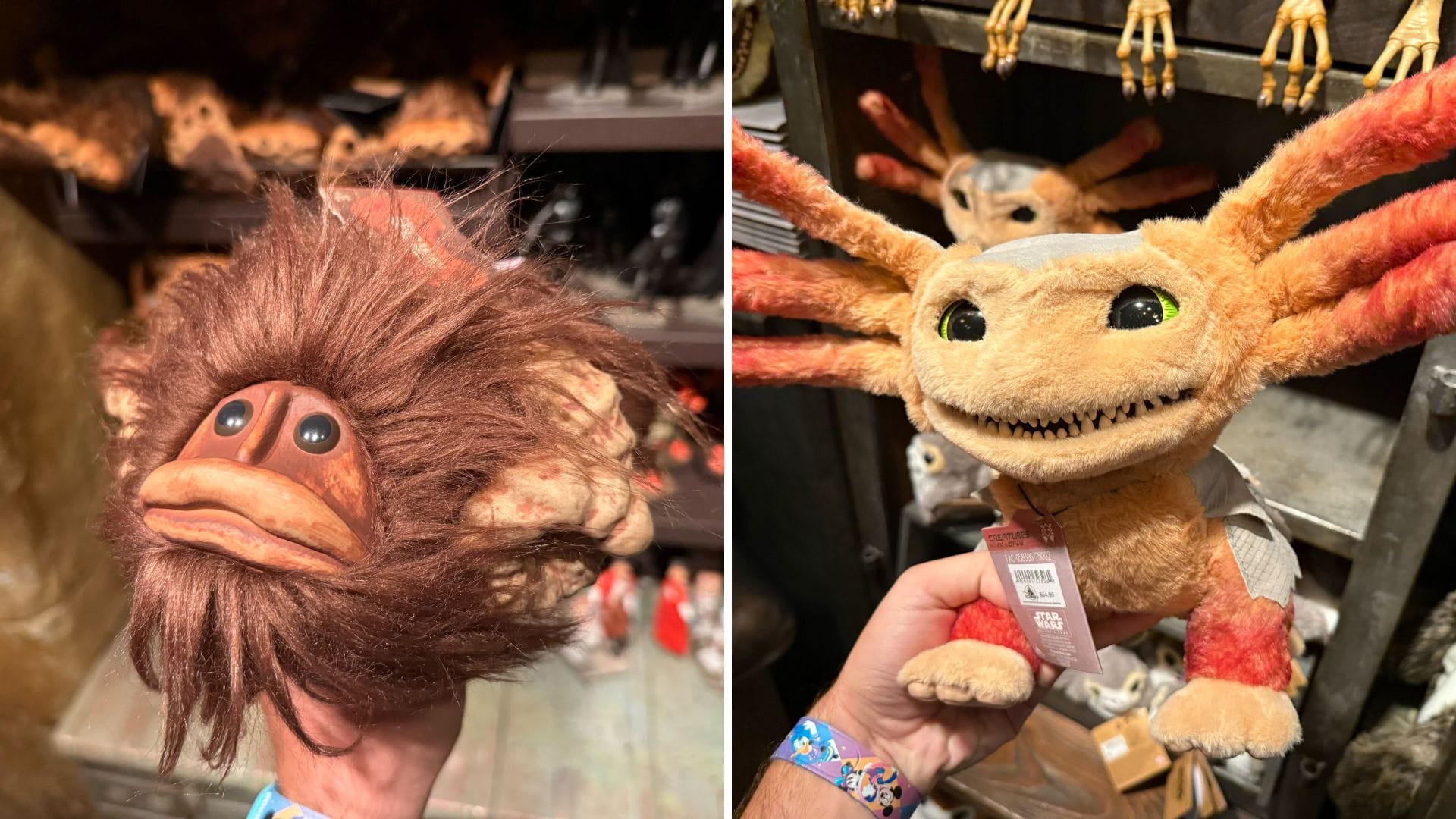 Two plush fantasy creatures are displayed; one resembles a Baby Bantha Plush from Star Wars: Galaxy's Edge.