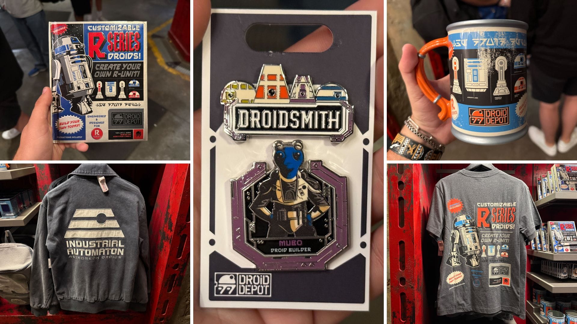 A collage of Disneyland Droid Depot merchandise, featuring a pin, mug, and clothing with droid-themed designs.