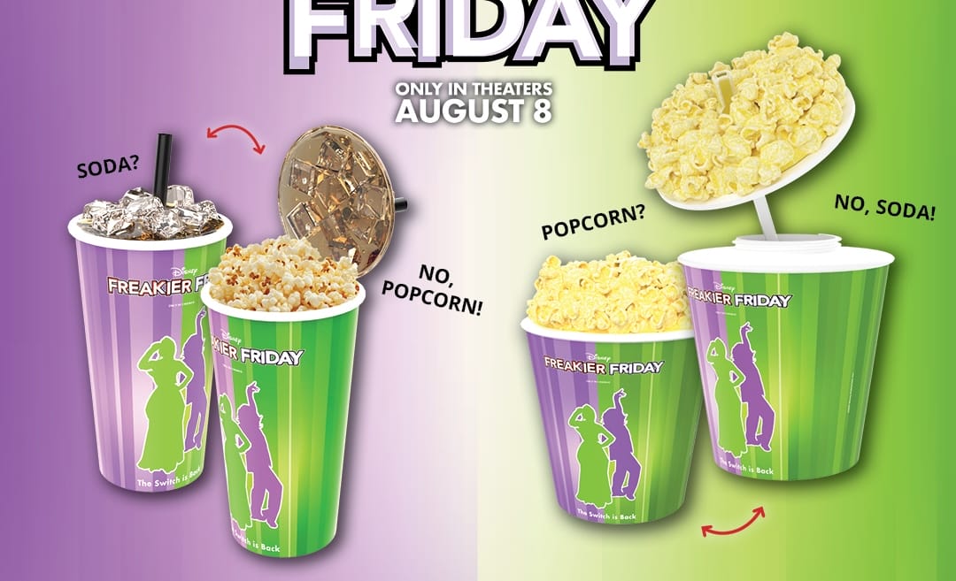 Two containers swap contents: soda with popcorn, and popcorn with soda, against a "Freaky Friday" movie promotion background.