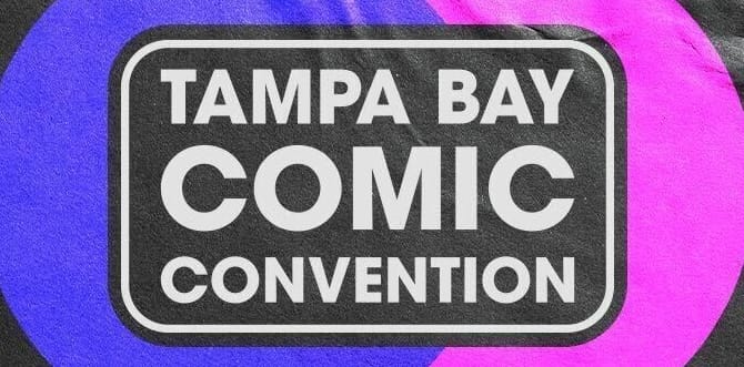 Tampa Bay Comic Con logo on black with purple and pink shapes, featuring WDWNT.