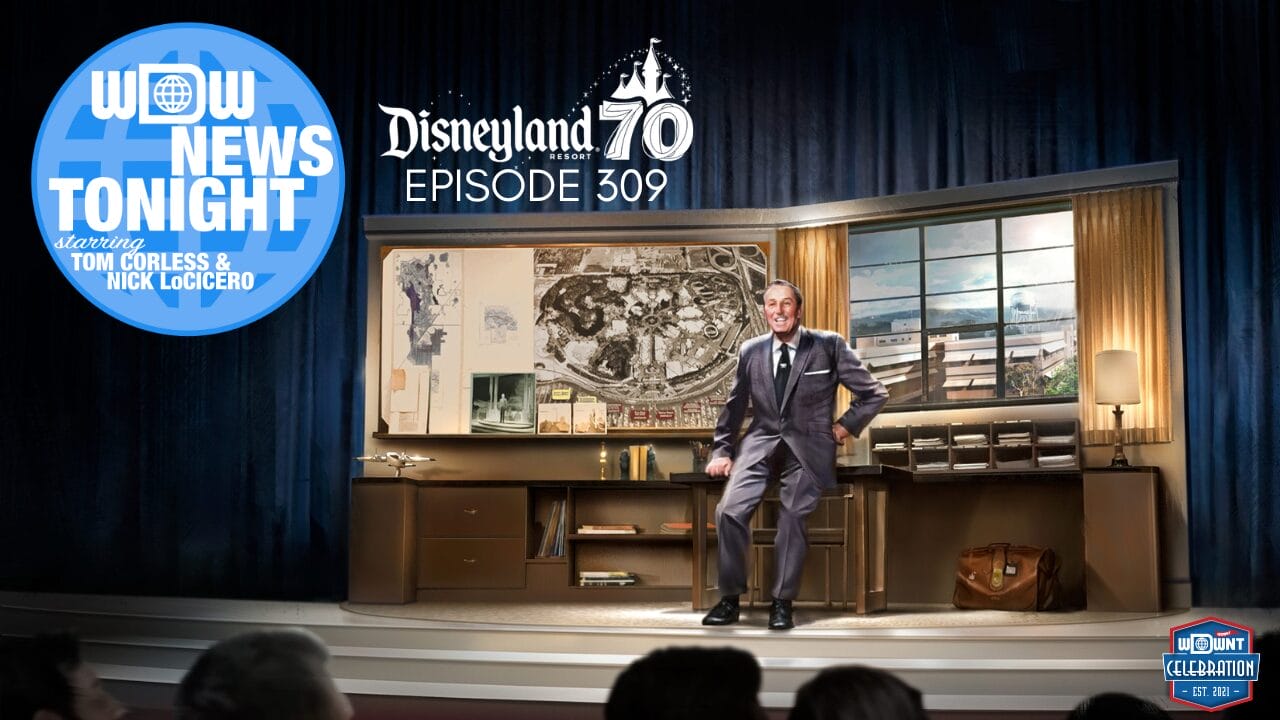 A man in a suit sits in a retro office with Disneyland memorabilia and a "70 years" sign, planning to avoid crowds.