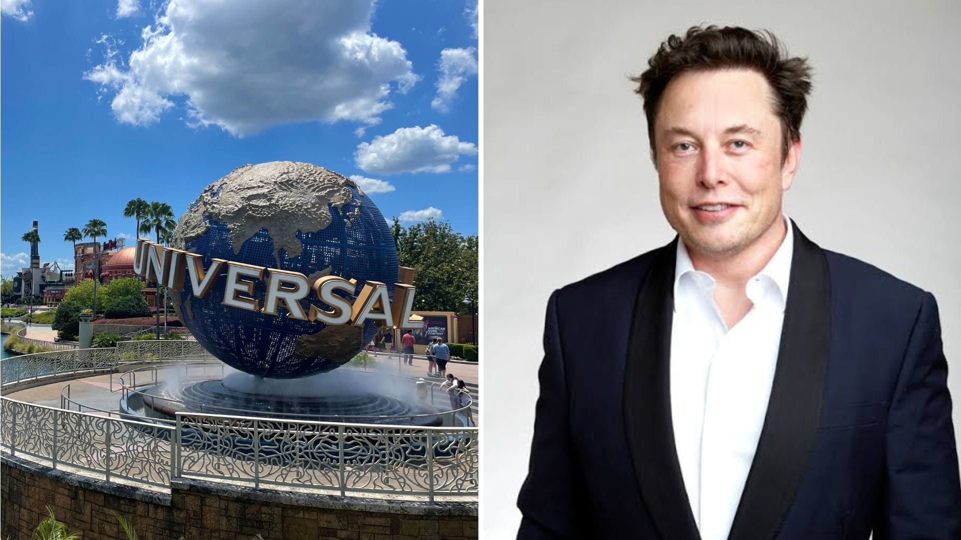 Left: Universal Studios globe; right: man in a suit smiling against a plain background.