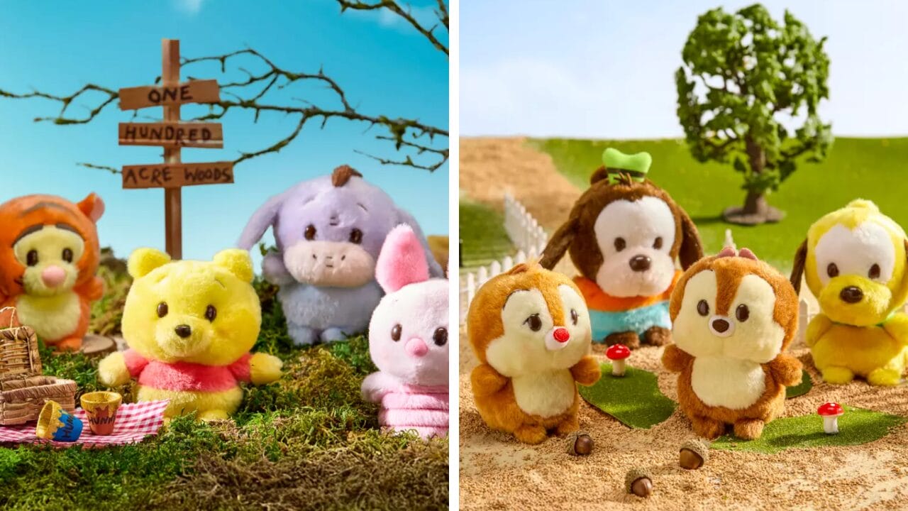 Disney Store Japan plush toys of Winnie the Pooh and Urupocha-Chan Plush enjoy picnics in grassy diorama settings.