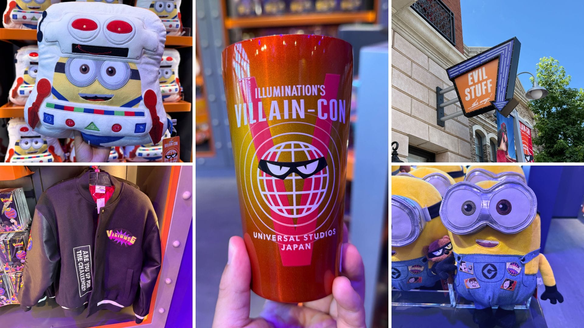 Collage of Villain-Con and Minions merchandise, including plush toys, a jacket, and a themed souvenir cup.