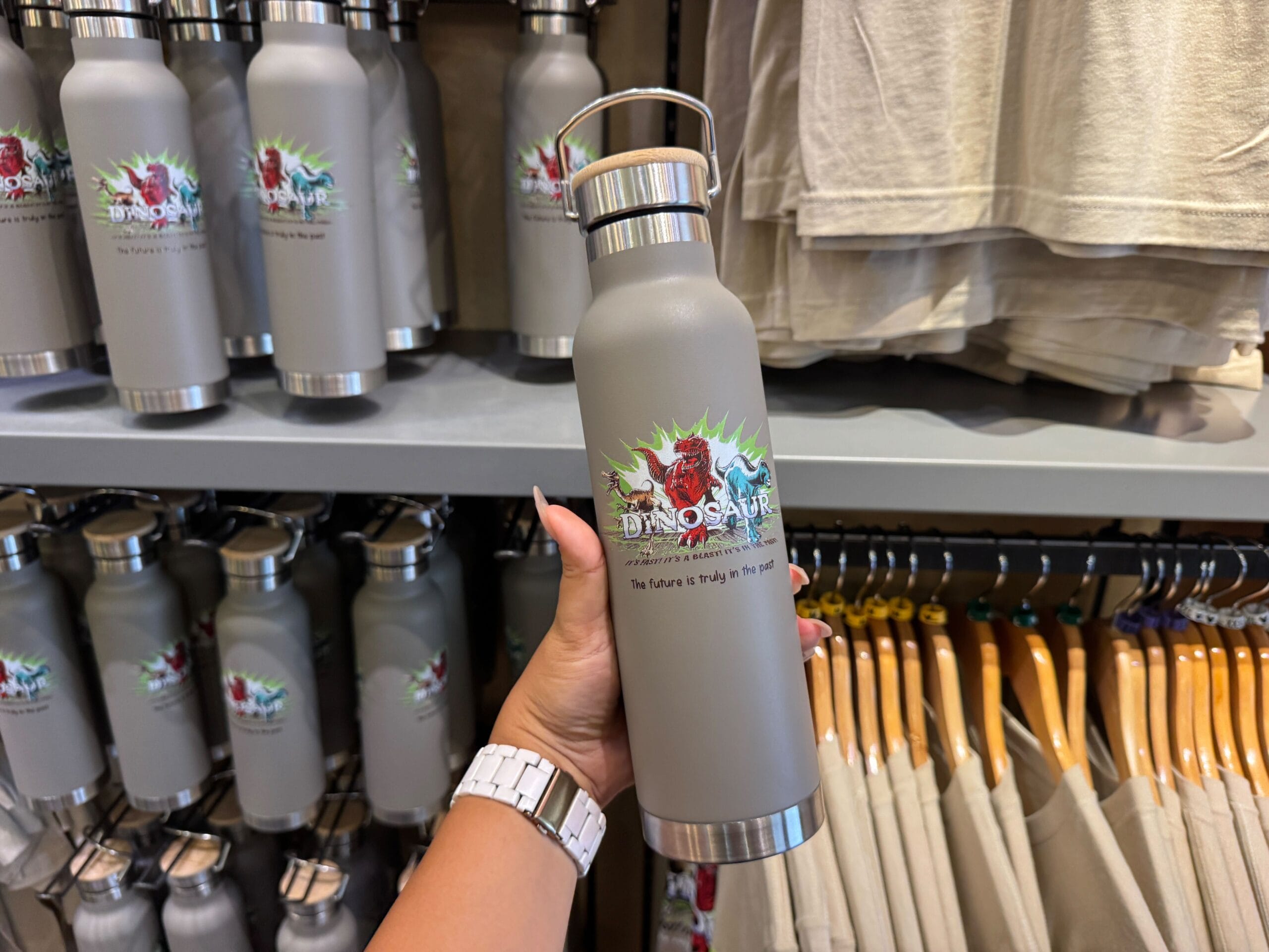A hand holds a gray "Dinosaur" water bottle in a store, with similar bottles and shirts displayed in the background.