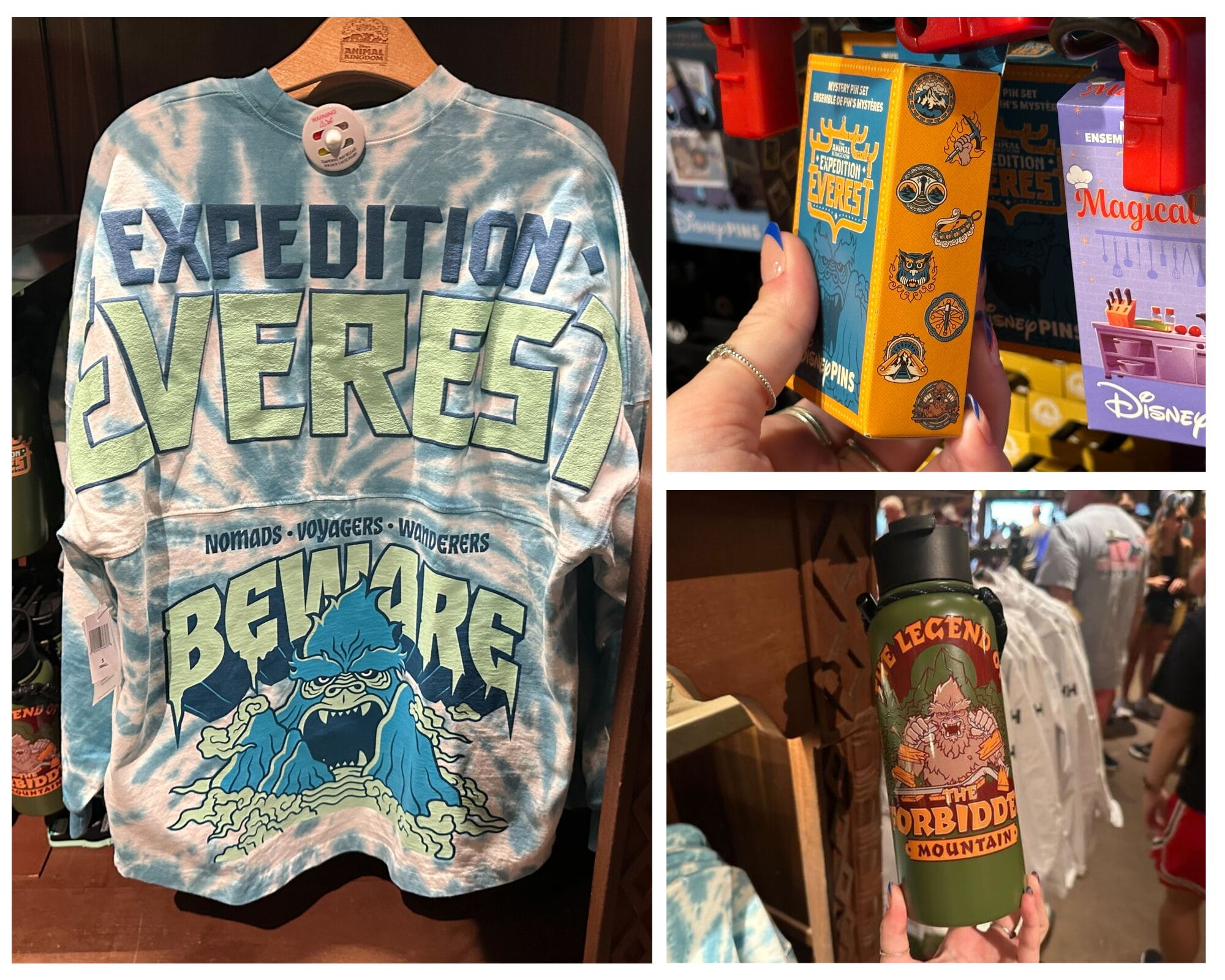 Collage of Expedition Everest merchandise, including a Spirit Jersey, pins, and a green water bottle at Disney's Animal Kingdom.