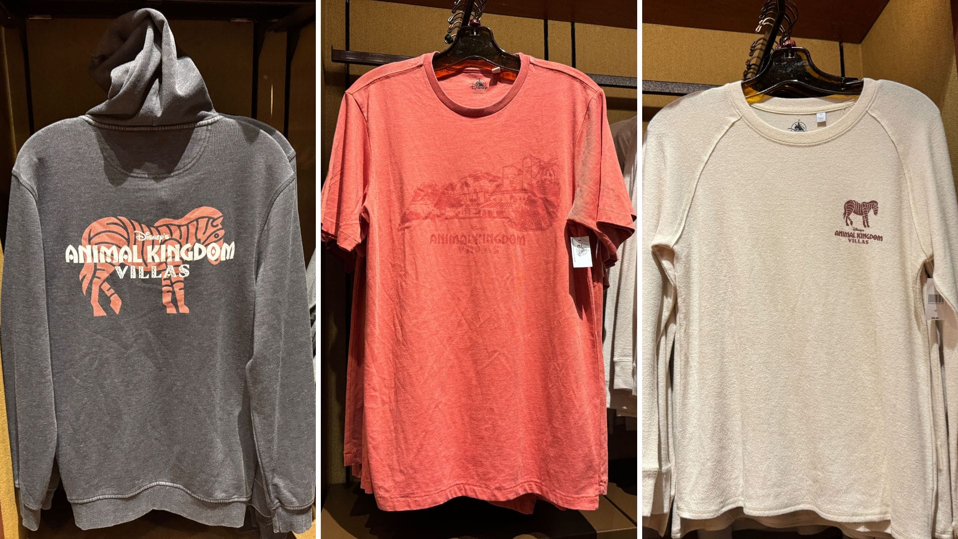 Three Animal Kingdom Villas shirts: gray hoodie with zebra, red tee, and beige long-sleeve—perfect Disney World apparel.