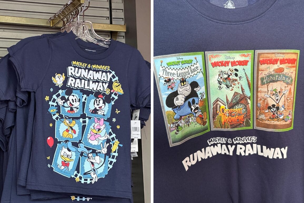 Navy blue kids' shirts featuring Mickey and Minnie's Runaway Railway cartoon designs with comic-style graphics.