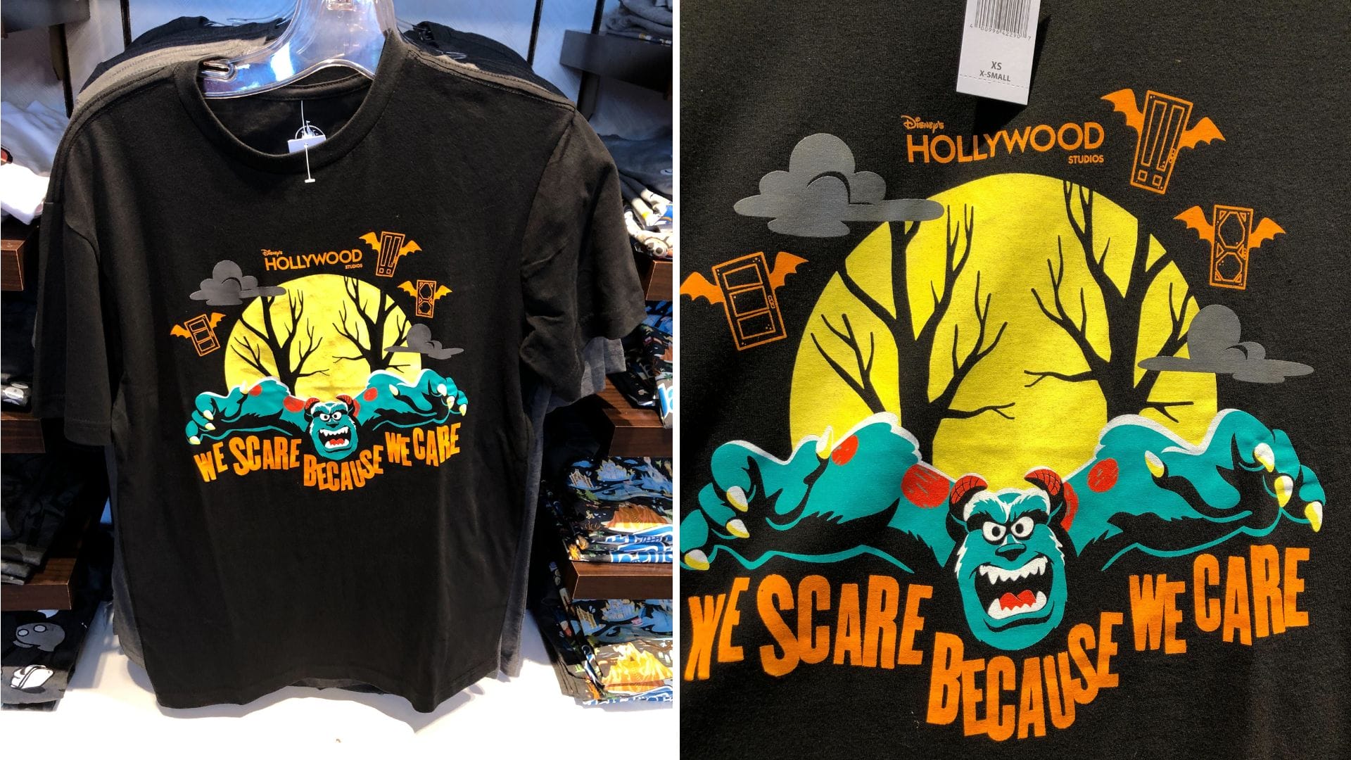 A black Monsters Inc. T-shirt with a graphic and "We Scare Because We Care" in bold yellow and orange letters.