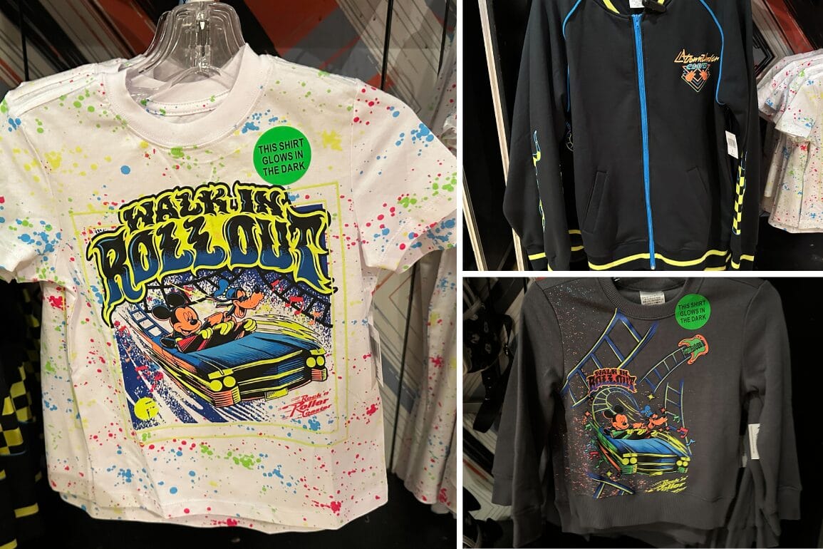Three Rock 'n' Roller Coaster apparel pieces, including a white Mickey tee and two jackets from Disney's Hollywood Studios.