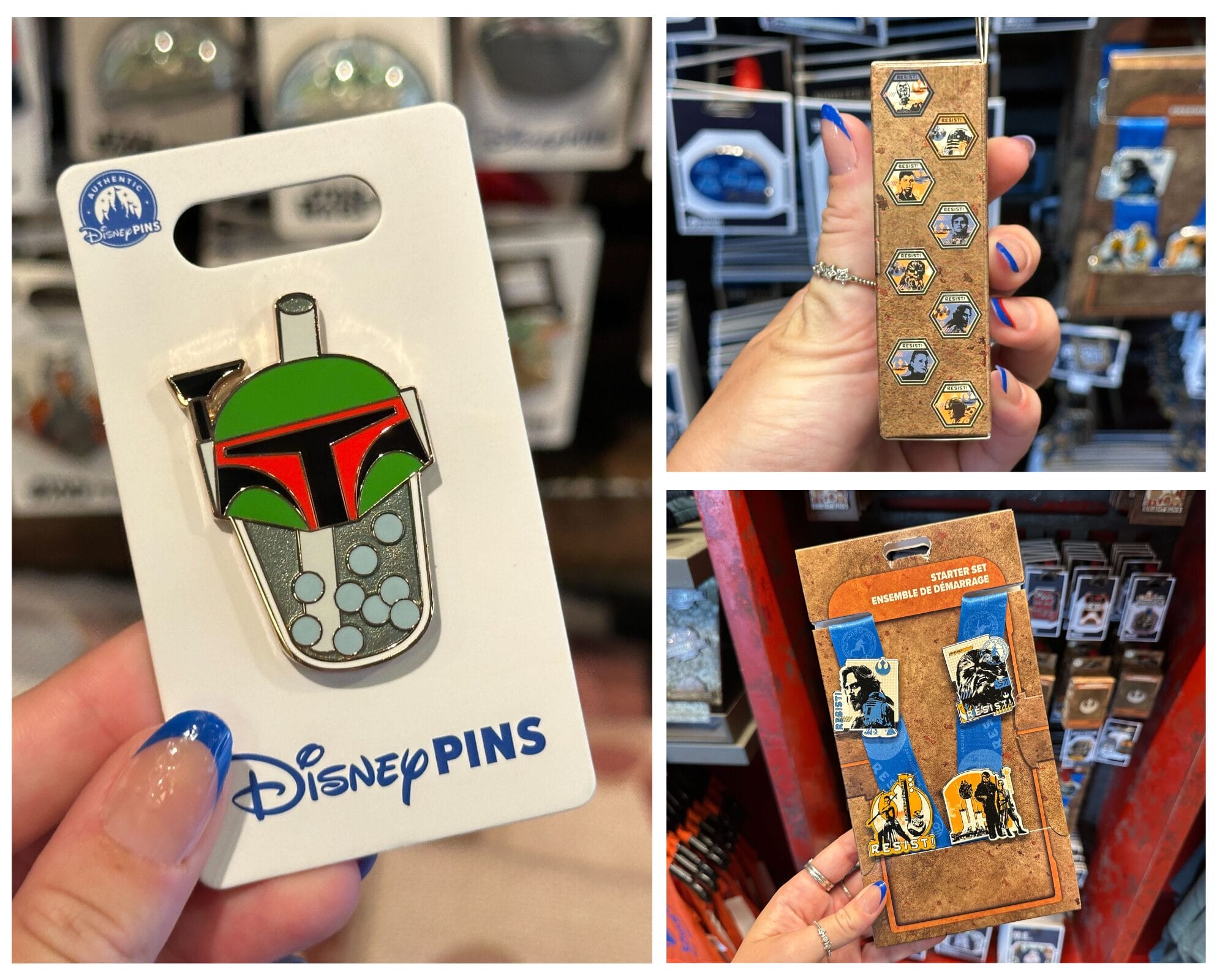 Collage of Disney Star Wars Pins, including a Boba Fett boba tea pin and themed sets displayed in a person's hand.