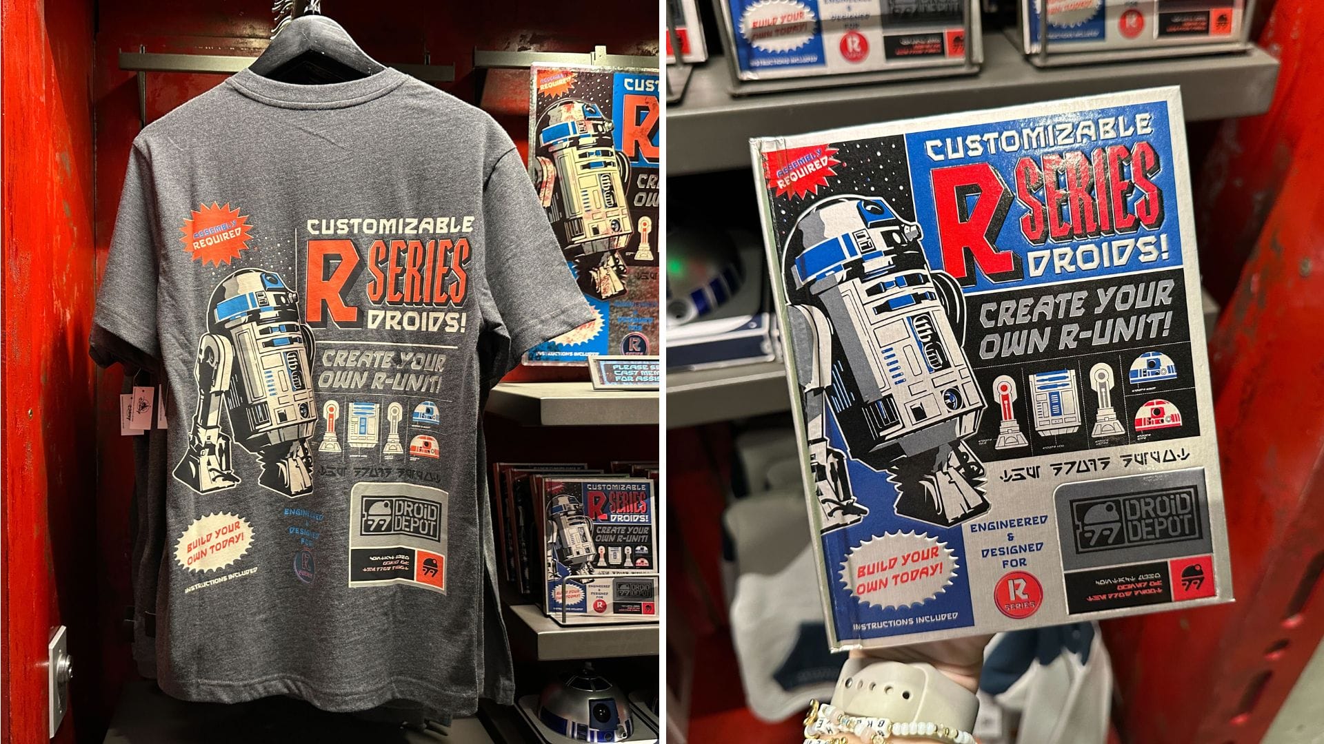 A gray R-Series T-Shirt and box featuring R2-D2 from Droid Depot at Disney's Hollywood Studios.