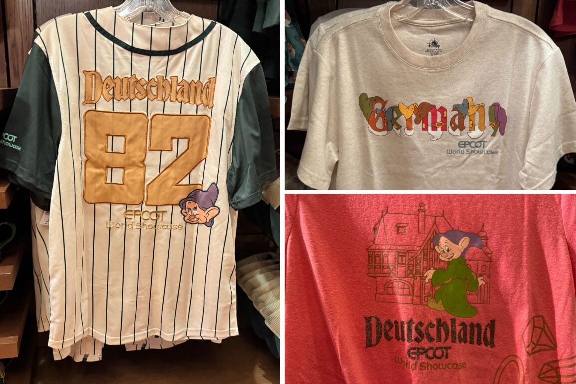 Three EPCOT Germany Pavilion shirts featuring "Deutschland," "Germany," and playful Seven Dwarfs character graphics.