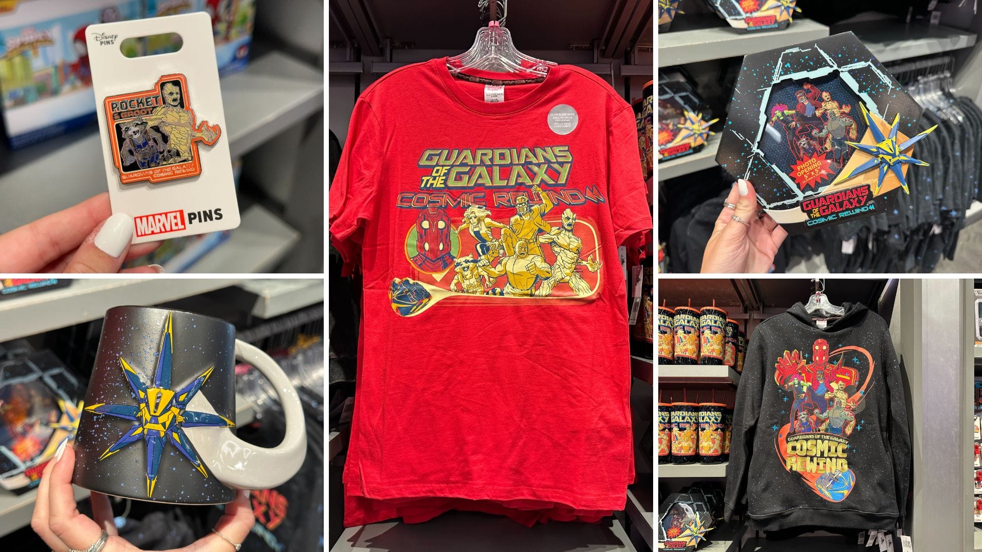 Collage of Guardians of the Galaxy EPCOT Cosmic Rewind merchandise: pin, red T-shirt, mug, hex tray, and black hoodie.