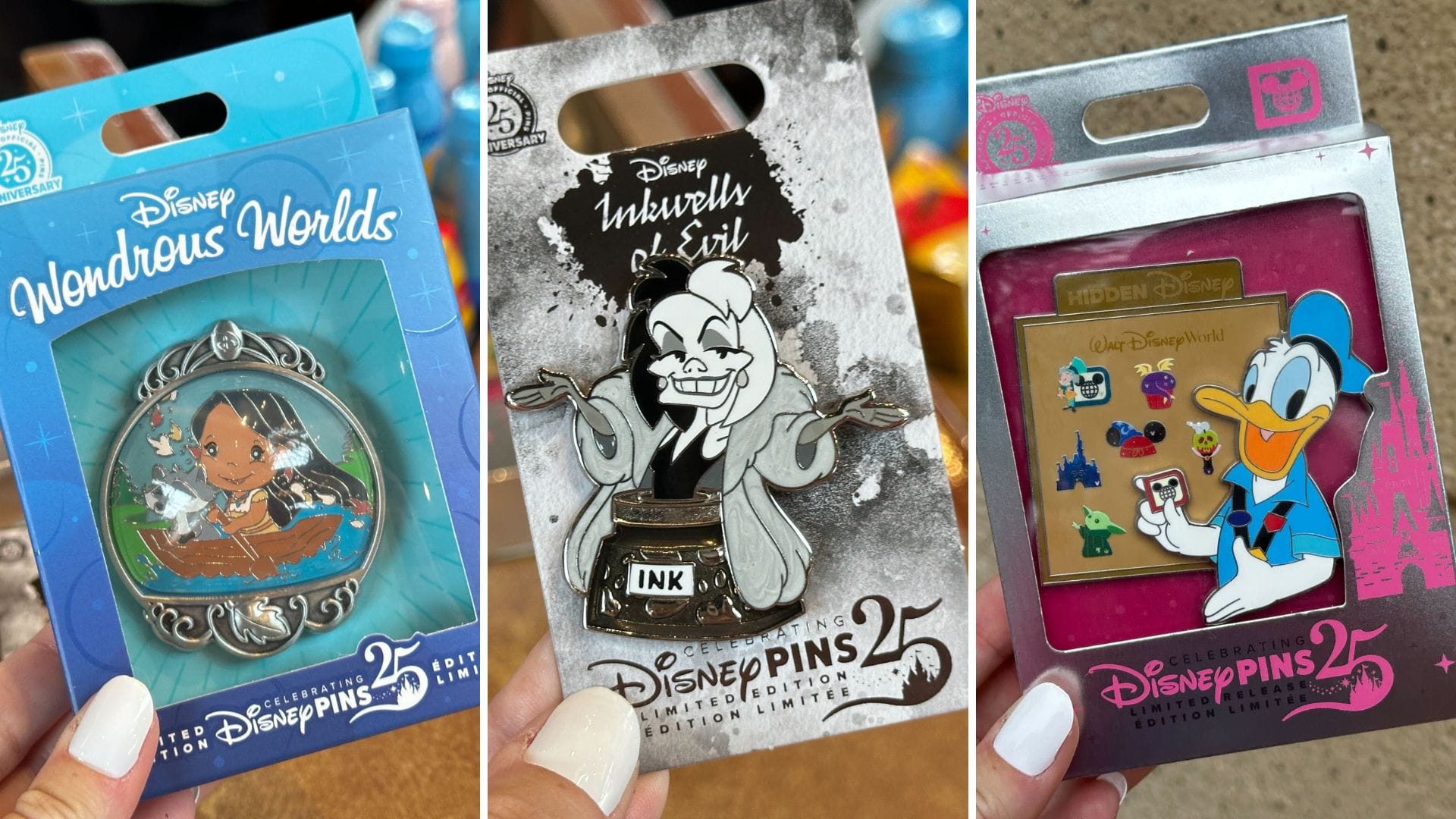 Three Walt Disney World collectible pins: Moana, Cruella de Vil, and Donald Duck with a map, all in vibrant packaging.