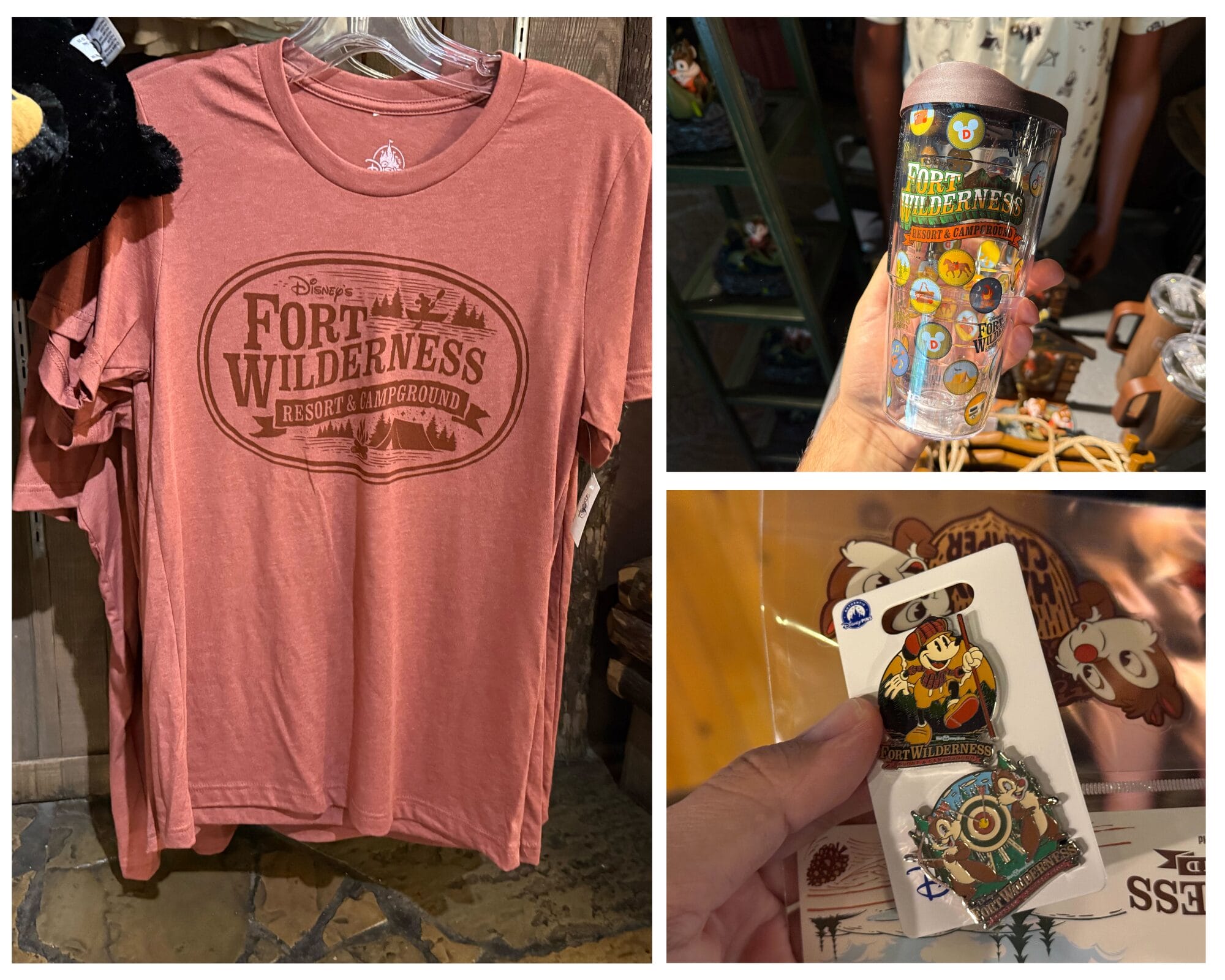 Collage of Fort Wilderness merchandise: a T-shirt, themed tumbler, and souvenir pin with Disney designs.