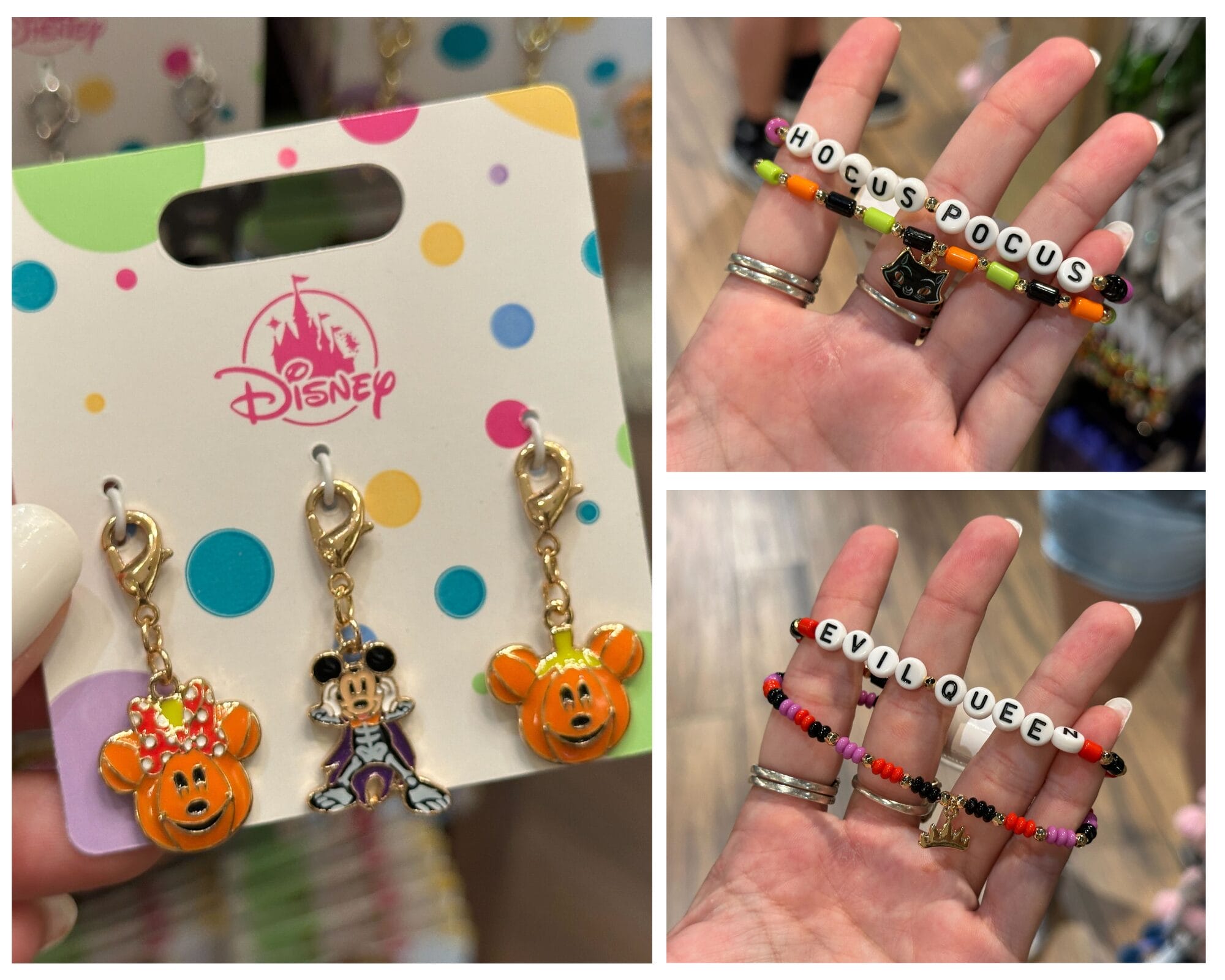 Three Walt Disney World Halloween Villain Bracelets and keychains, plus bracelets reading “HOCUS POCUS” and “EVIL QUEEN.”