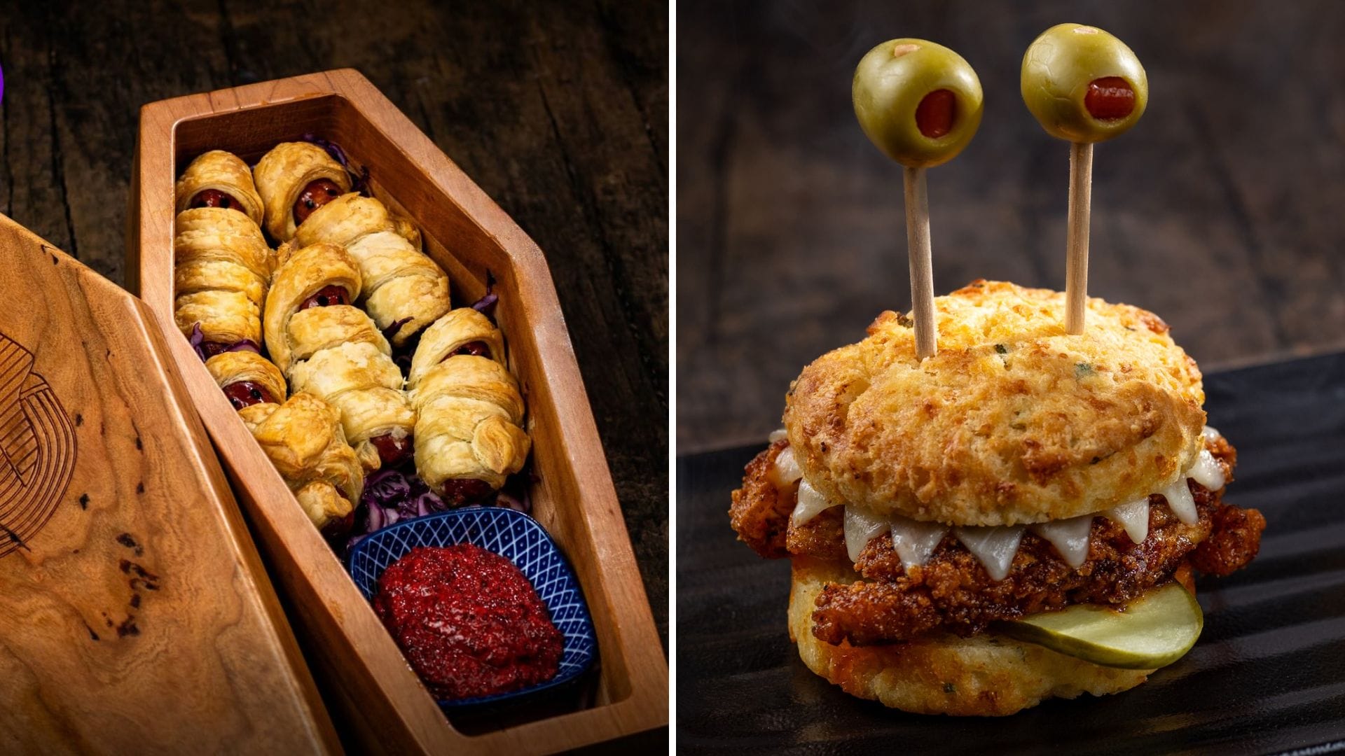 Left: Halloween sausage rolls in a wooden coffin; Right: spooky sandwich with olive "eyes" and cheese "teeth.