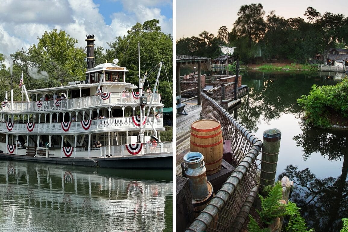 A classic Liberty Square Riverboat with festive bunting floats by a rustic dock near Tom Sawyer Island, surrounded by greenery.